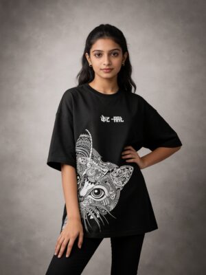 Mandala Cat-Art Oversized Black T-shirt