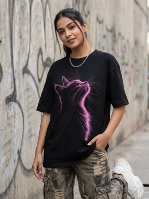 Neon Pink Cat Oversized Black T-Shirt